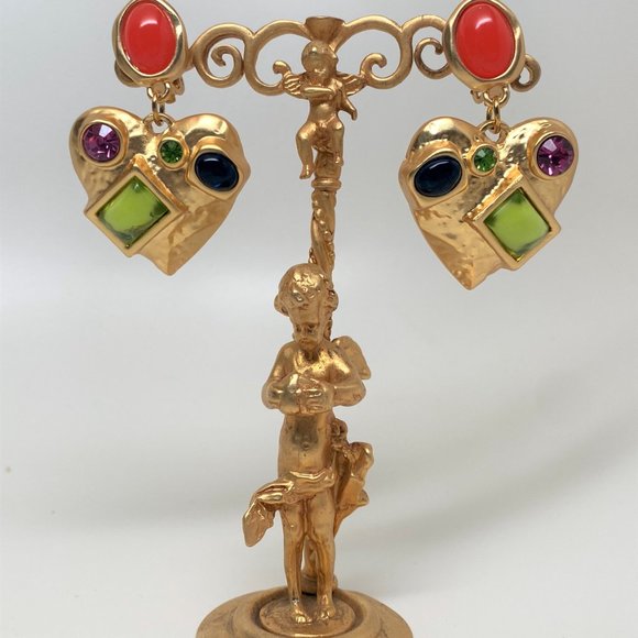 Gorgeous Gold Plated Assorted Cabochons Heart Dangle Clip on Earrings - Picture 3 of 6